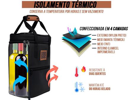 Imagem de Bolsa Térmica C/ Alça Organizadora Transporte Bebidas Wine Bag 4 Garrafas ou Taças Couro Gin Super Luxo Premium