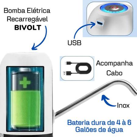 Imagem de Bomba de Galão Bebedouro Elétrica Bivolt Recarregável Porta USB Conjunto 2 Peças Garrafões Água Suco de 4,5 a 20 Litros