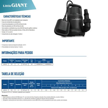 Imagem de Bomba Submersível Schneider Little Giant Lup-05 1/2CV Monofásica