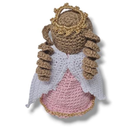 Imagem de Boneca Anjo da Guarda Rosa Cachos Crochê 18x9,5cm