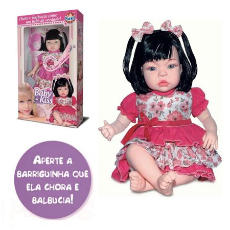 Boneca Reborn Barata Baby Kiss Morena c/ Caixa Chora Balbucia em