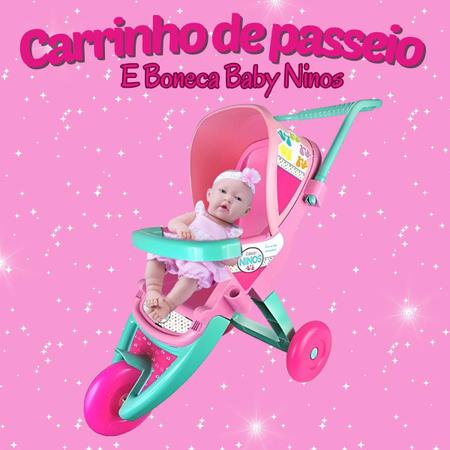Imagem de Boneca Baby Ninos Bebê Reborn Infantil 37cm E Carrinho De Passeio 3 Rodas Para Meninas Crianças Coloridos