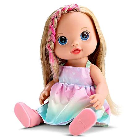 Imagem de Boneca Baby Xixi Cabelo Colorido na Caixa com Mamadeira Troca Fralda Bambola