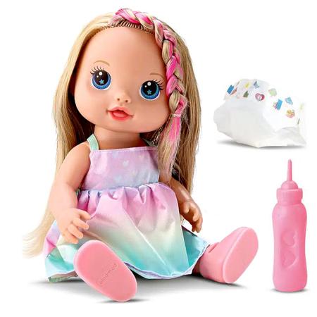 Imagem de Boneca Baby Xixi Cabelo Colorido na Caixa com Mamadeira Troca Fralda Bambola