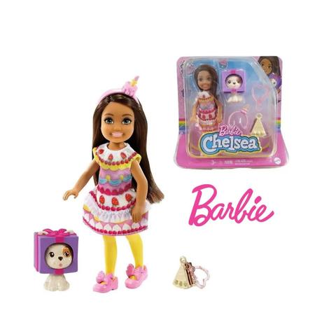 Boneca Barbie Club Chelsea Morena Fantasia Bolo Morango Pet em