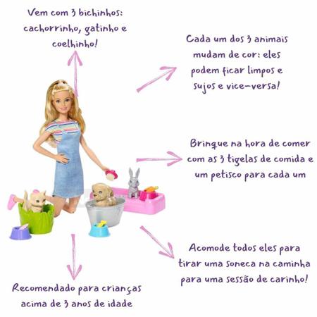 Imagem de Boneca Barbie Conjunto Banho Dos Cachorrinhos Com 3 Pets Bichinhos e Acessórios Original Mattel Presente Menina