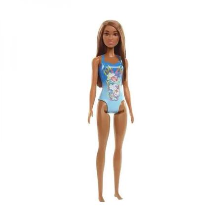 Boneca Barbie Morena Barbie Praia Maiô Azul - MATTEL Imagem de Boneca Barbie Morena Barbie Praia Maiô Azul