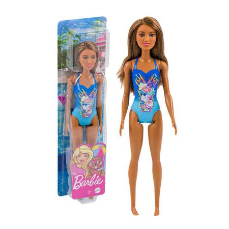 Boneca Barbie Morena Barbie Praia Maiô Azul - MATTEL Imagem de Boneca Barbie Morena Barbie Praia Maiô Azul
