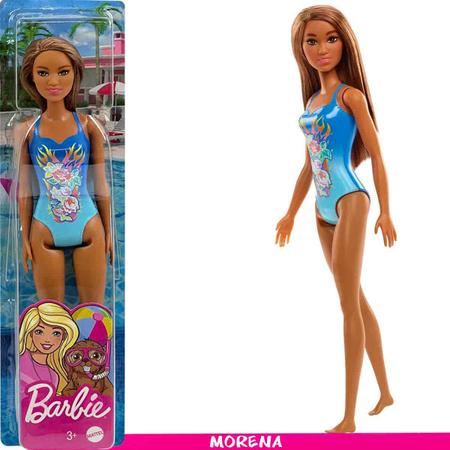 Boneca Barbie Morena Roupa de Praia Maiô Azul Original Mattel