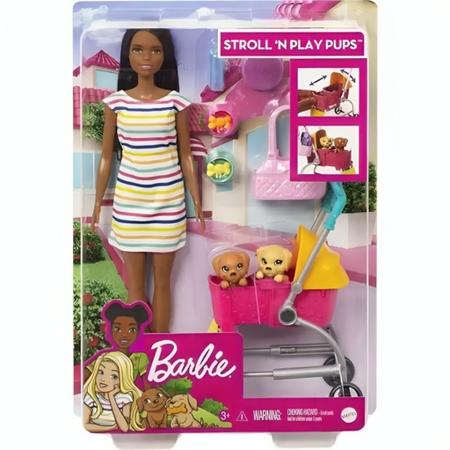 Imagem de Boneca Barbie Negra Passeio Com Carrinho De Cachorrinho GHV93 - Mattel