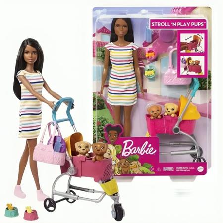 Imagem de Boneca Barbie Negra Passeio Com Carrinho De Cachorrinho GHV93 - Mattel