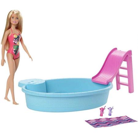 Barbie Boneca, loira de 11,5 polegadas, jogo de piscina com escorregad