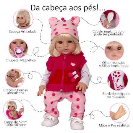 Boneca Bebê Realista Manu Girafinha Silicone Pode dar Banho Com 11