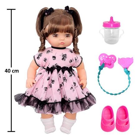Boneca Bebê Grande 40cm Cabelos Castanhos com Mamadeira e Acessórios - Anjo Brinquedos Imagem de Boneca Bebê Grande 40cm Cabelos Castanhos com Mamadeira e Acessórios
