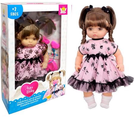 Boneca Bebê Grande 40cm Cabelos Castanhos com Mamadeira e Acessórios - Anjo Brinquedos Imagem de Boneca Bebê Grande 40cm Cabelos Castanhos com Mamadeira e Acessórios