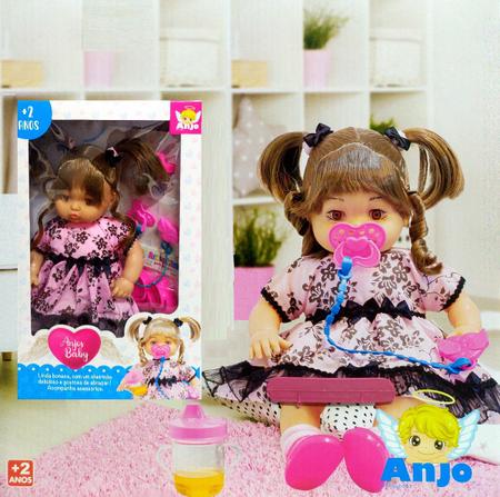 Boneca Bebê Grande 40cm Cabelos Castanhos com Mamadeira e Acessórios - Anjo Brinquedos Imagem de Boneca Bebê Grande 40cm Cabelos Castanhos com Mamadeira e Acessórios