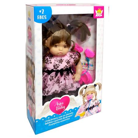 Boneca Bebê Grande 40cm Cabelos Castanhos com Mamadeira e Acessórios - Anjo Brinquedos Imagem de Boneca Bebê Grande 40cm Cabelos Castanhos com Mamadeira e Acessórios