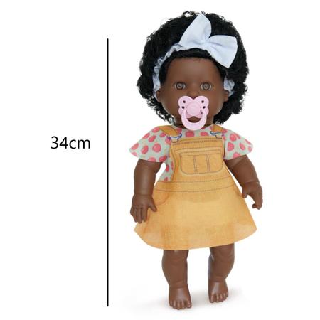 Imagem de Boneca Bebê Negra Coleção Danadinha 34cm Chupeta + Carrinho