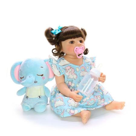 Boneca Bebê Reborn 48cm Menina Elefante Olhos Azuis Corpo de 100% Silicone  Presentes Para Crianças