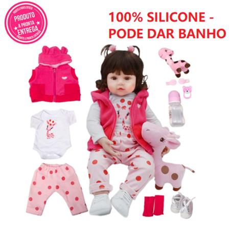 Boneca Bebê Reborn 100% Silicone Menina Olhos Castanhos Girafinha