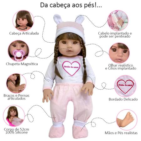 Boneca Bebê Reborn 100% Silicone Sonho de Amor 13 Itens na