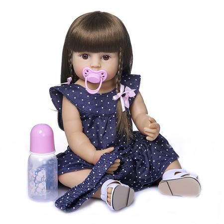 Boneca Bebê Reborn Silicone Cabelos Castanhos Roupa Azul - USA