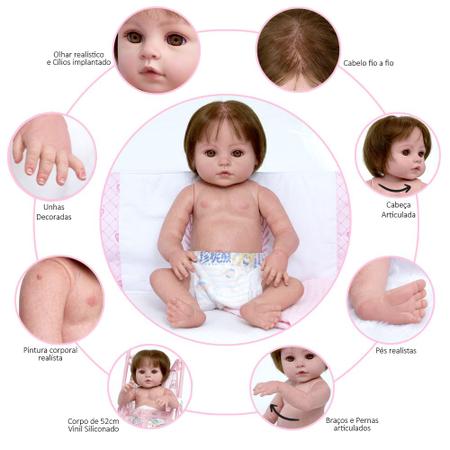 Boneca Bebê Reborn De Silicone Cabelo Fio A Fio Pode Banho em