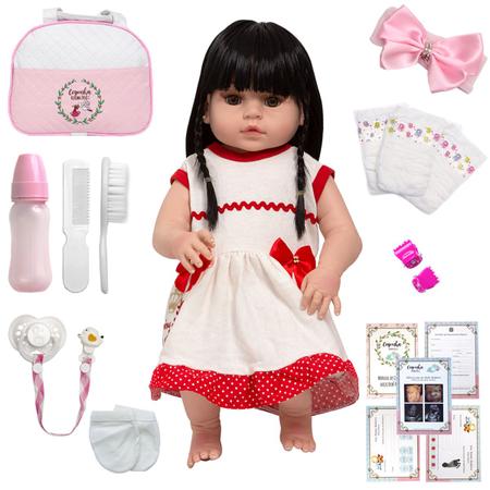 Boneca Bebe Reborn Fofinha Morena Com Bolsa Kit Acessórios