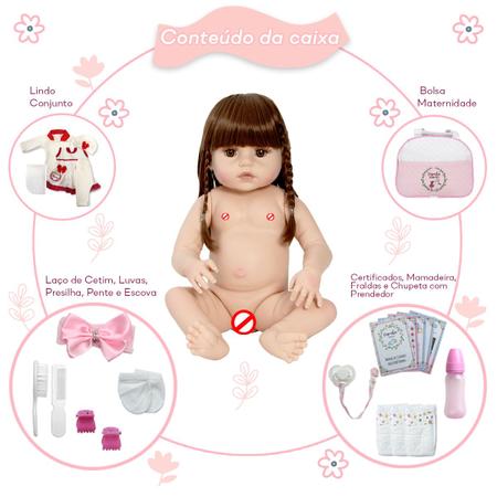 Boneca Bebe Reborn Fofinha Morena Com Bolsa Kit Acessórios