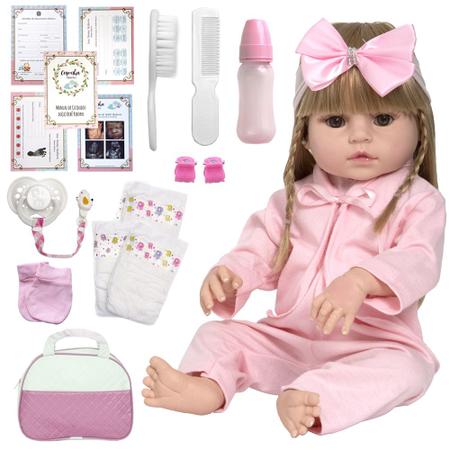 Boneca Bebê Reborn Corpo Silicone Loira Rosa Com Bolsa - ShopJJ