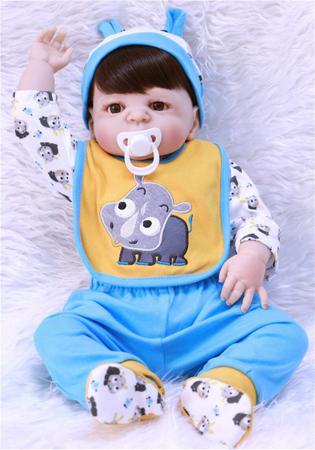 Boneca Bebê Reborn Silicone Cabelos Castanhos Roupa Azul - USA