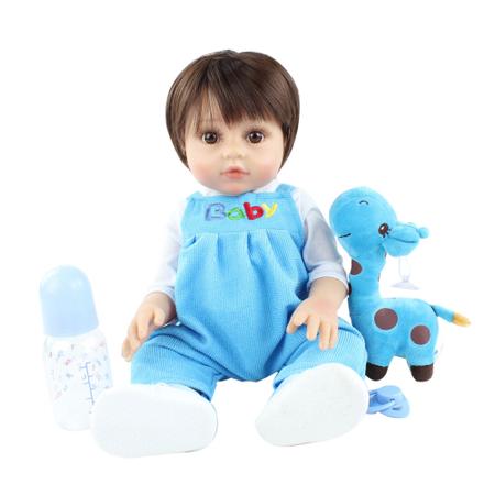 Boneca bebe reborn menino corpo de silicone roupa azul com babador