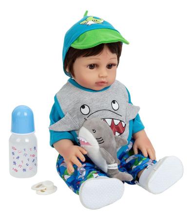 boneca bebe reborn menino corpo de silicone roupa azul com babador