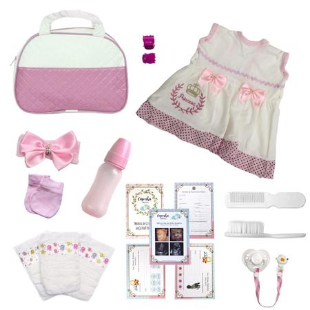 Boneca bebe reborn morena com cilios roupa rosa 16 itens