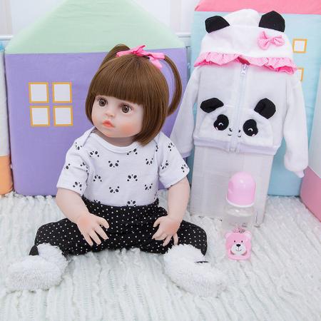 Bebê Boneca Reborn Roupa Panda Olhos Azuis 48cm