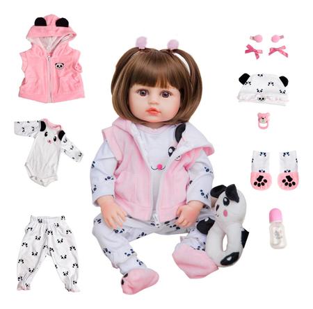 Brastoy Bebê Boneca Reborn 100% Silicone Panda Rosa Boneca 48cm