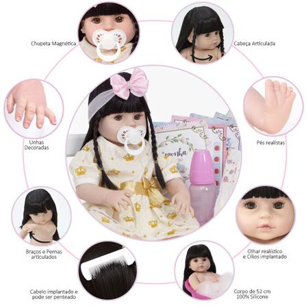 Boneca Estilo Bebê Reborn Real Baby Alive Menina Morena 52cm