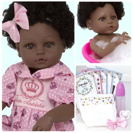 Boneca Com Acessórios Bebê Reborn Silicone Negra Baby - ShopJJ