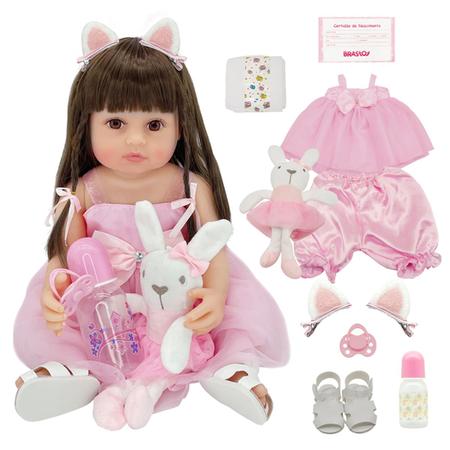 Boneca Reborn Cabelão 100% de Silicone Morena Com Acessórios Mamadeira  Chupeta Brinquedo Pelúcia Roupa Sapato REF 1002