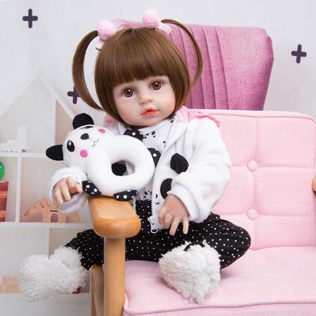 Bebê Boneca Reborn Roupa Panda Olhos Azuis 48cm
