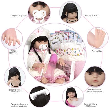 Boneca Bebe Reborn Silicone Realista Morena Roupão 20 Itens - Chic