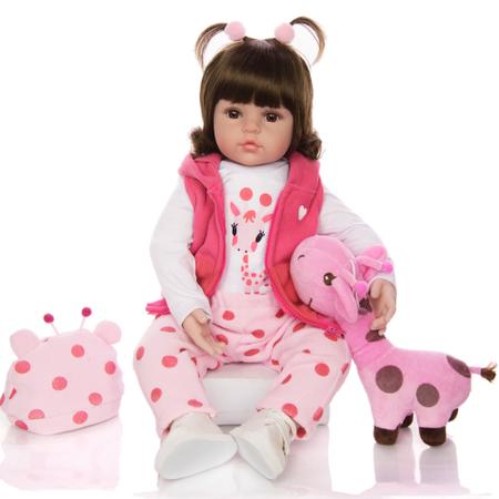 Boneca Bebe Reborn Realista de Silicone NPK 48cm e Girafinha