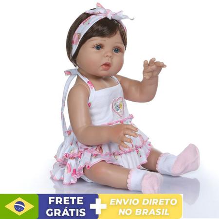 Bebê Reborn Silicone roupinha rosa com florzinhas olho azul