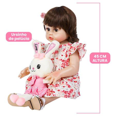 Boneca Bebê Reborn Vinil Realista com Gatinho e acessórios 45cm