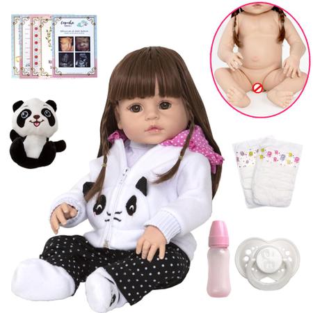 Boneca Reborn Panda Corpo de Silicone 13 Acessórios Morena - Chic