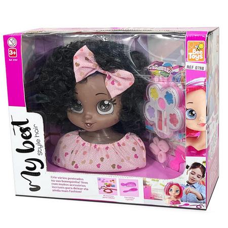 Boneca Busto Infantil Kit Maquiagem Pentear Acessórios Negra 788