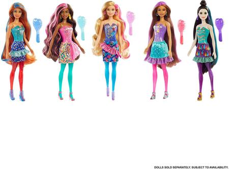 Imagem de Boneca Color Reveal com 7 surpresas: Mudança de cor de cabelo e rosto, saia, sapatos, brincos e escova de festa.  