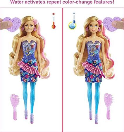 Imagem de Boneca Color Reveal com 7 surpresas: Mudança de cor de cabelo e rosto, saia, sapatos, brincos e escova de festa.  