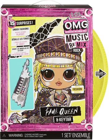 Imagem de Boneca LOL Surprise OMG Remix Rock Fame Queen. Inclui 15 surpresas: keytar, roupas, sapatos, escova de cabelo, suporte, revista e t