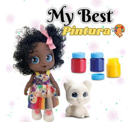 Imagem de Boneca My Best Negra Pintura Com Cachorrinho Tintas E Pincel Brinquedo Bee Toys